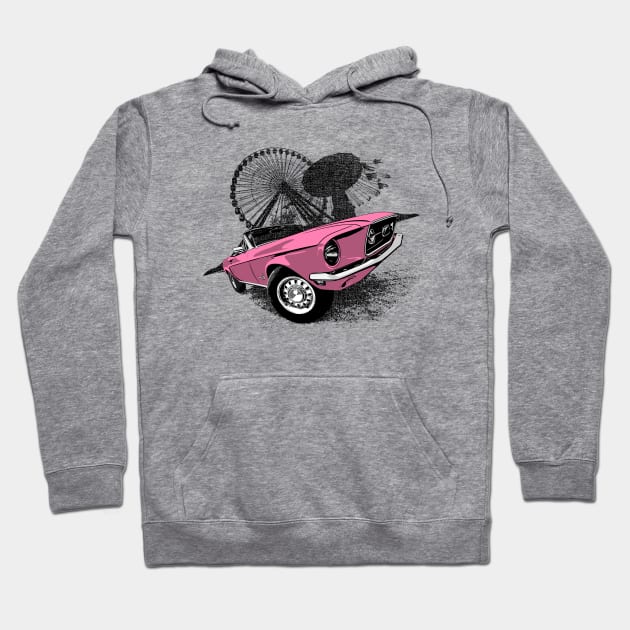 Pink 68 Mustang convertible against carnival backdrop Hoodie by ZoeysGarage